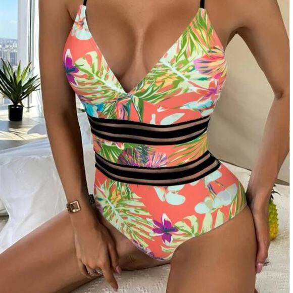 TROPICAL ONE PIECE Bathing Suit Sz L Yellow Mesh Barbiecore Floral GORGEOUS - Picture 10 of 13